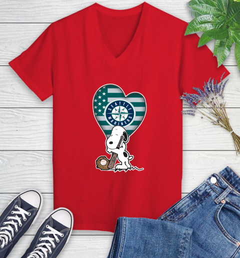 Seattle Mariners MLB Baseball The Peanuts Movie Adorable Snoopy Women's V-Neck T-Shirt 12