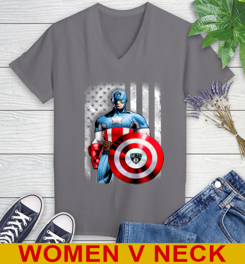 Brooklyn Nets NBA Basketball Captain America Marvel Avengers American Flag Shirt Women's V-Neck T-Shirt 11