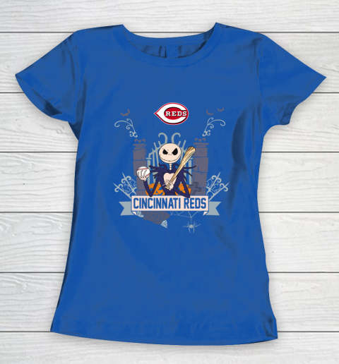 MLB Cincinnati Reds Baseball Jack Skellington Halloween Women's T-Shirt 8