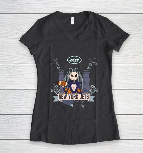 NFL New York Jets Football Jack Skellington Halloween Women's V-Neck T-Shirt 6