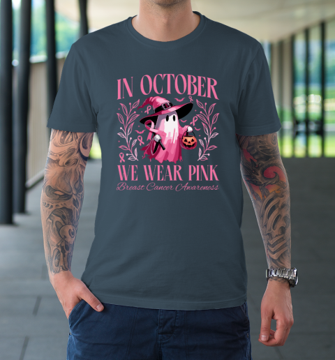 In October We Wear Pink Witch Ghost Pumpkin Breast Cancer T-Shirt 4