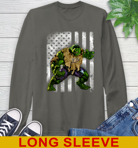 Anaheim Ducks Hulk Marvel Avengers NHL Hockey American Flag Long Sleeve T-Shirt 10