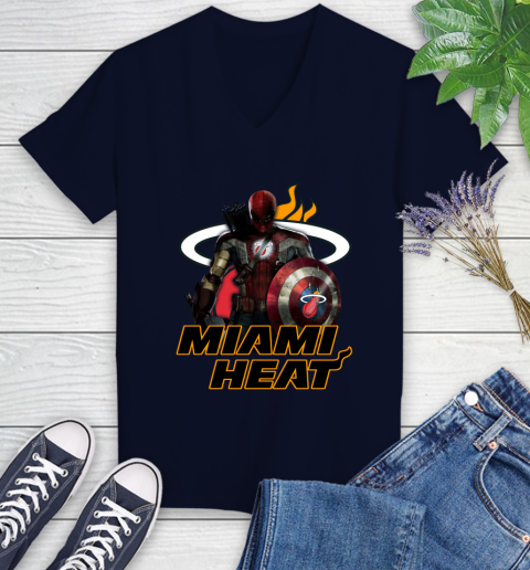 Miami Heat NBA Basketball Captain America Thor Spider Man Hawkeye Avengers Women's V-Neck T-Shirt 3