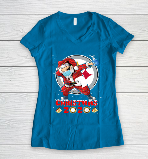 Pittsburgh Steelers Funny Santa Claus Dabbing Christmas 2020 NFL Women's V-Neck T-Shirt 5