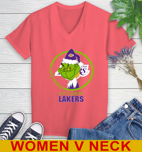 Los Angeles Lakers NBA Christmas Grinch I Hate People But I Love My Favorite Basketball Team Women's V-Neck T-Shirt 7