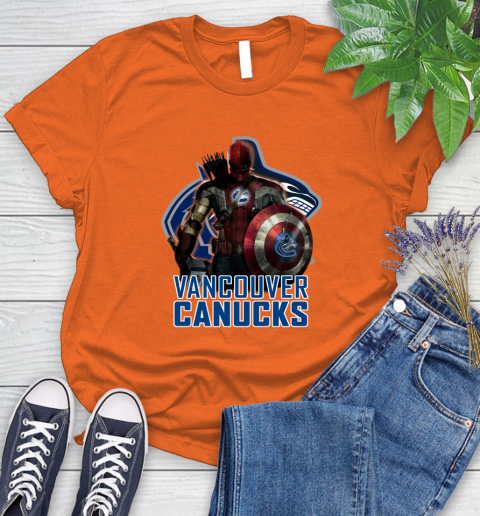 NHL Captain America Thor Spider Man Hawkeye Avengers Endgame Hockey Vancouver Canucks Women's T-Shirt 4