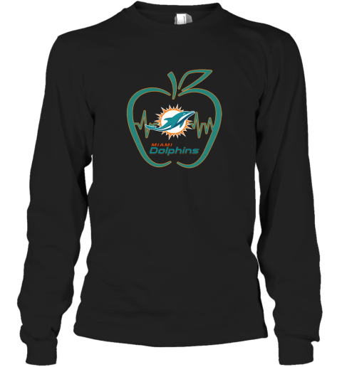Apple Heartbeat Teacher Symbol Miami Dolphins Long Sleeve T-Shirt