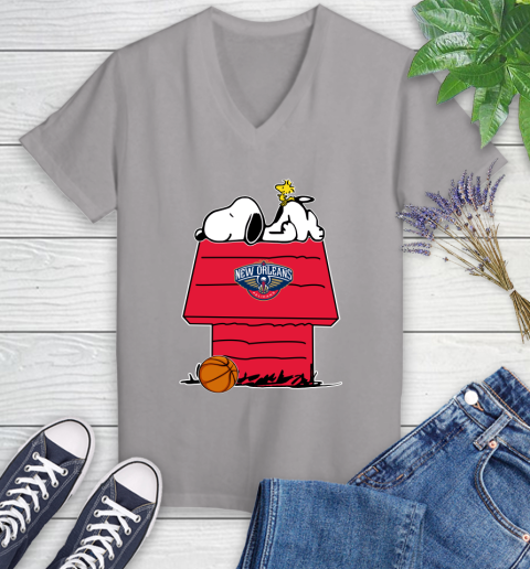 New Orleans Pelicans NBA Basketball Snoopy Woodstock The Peanuts Movie Women's V-Neck T-Shirt 4