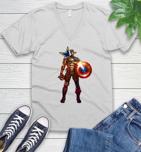 NFL Captain America Marvel Avengers Endgame Football Sports Dallas Cowboys V-Neck T-Shirt