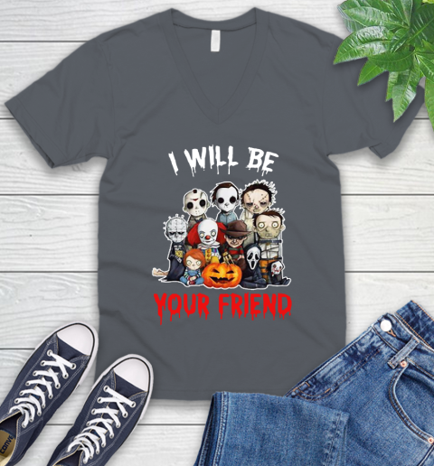 Halloween Horror Movie Characters Chibi I Will Be Your Friend V-Neck T-Shirt 4