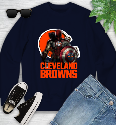 NFL Captain America Thor Spider Man Hawkeye Avengers Endgame Football Cleveland Browns Youth Sweatshirt 3