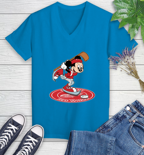 NHL Hockey Detroit Red Wings Cheerful Mickey Disney Shirt Women's V-Neck T-Shirt 7 NHL Hockey Detroit Red Wings Cheerful Mickey Disney Shirt Women's V-Neck T-Shirt - Image 7