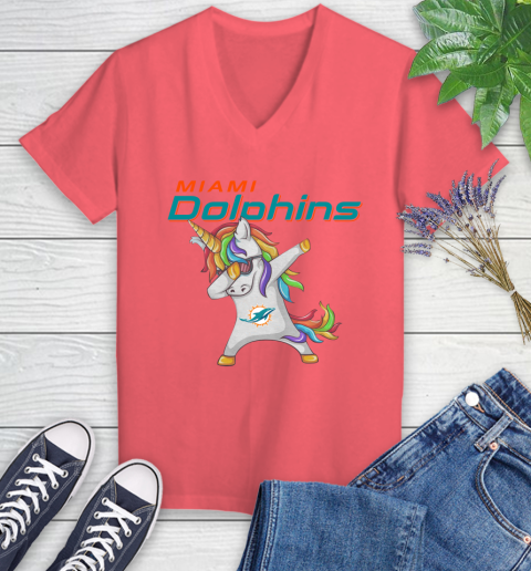 Miami Dolphins NFL Football Funny Unicorn Dabbing Sports Women's V-Neck T-Shirt 6