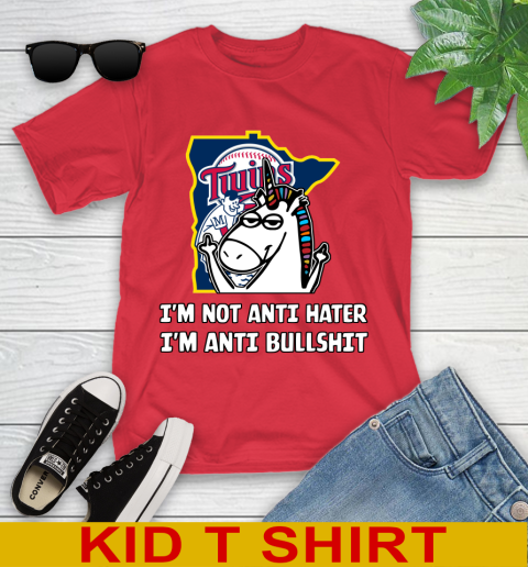 Minnesota Twins MLB Baseball Unicorn I'm Not Anti Hater I'm Anti Bullshit Youth T-Shirt 10