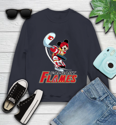 NHL Hockey Calgary Flames Cheerful Mickey Mouse Shirt Youth Sweatshirt 4 NHL Hockey Calgary Flames Cheerful Mickey Mouse Shirt Youth Sweatshirt - Image 4