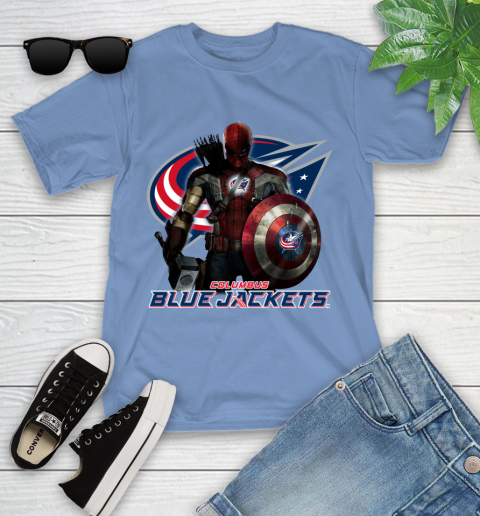 NHL Captain America Thor Spider Man Hawkeye Avengers Endgame Hockey Columbus Blue Jackets Youth T-Shirt 11
