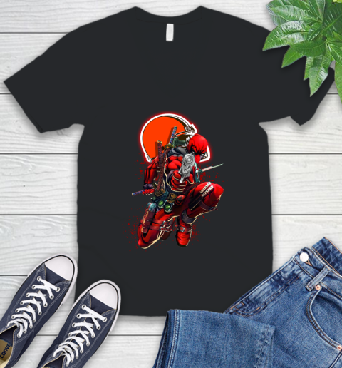 NFL Deadpool Marvel Comics Sports Football Cleveland Browns V-Neck T-Shirt 2