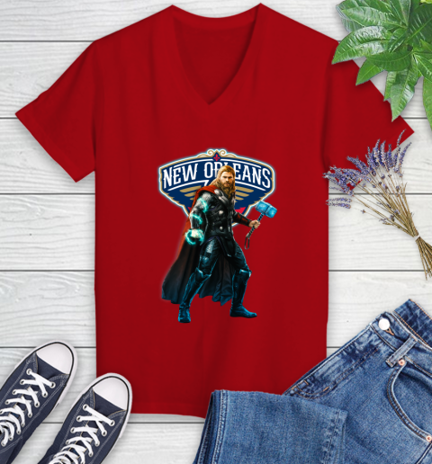 NBA Thor Avengers Endgame Basketball New Orleans Pelicans Women's V-Neck T-Shirt 12