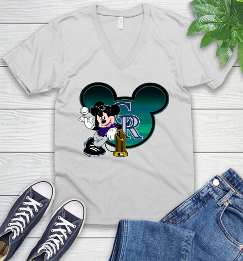 MLB Colorado Rockies The Commissioner's Trophy Mickey Mouse Disney V-Neck T-Shirt