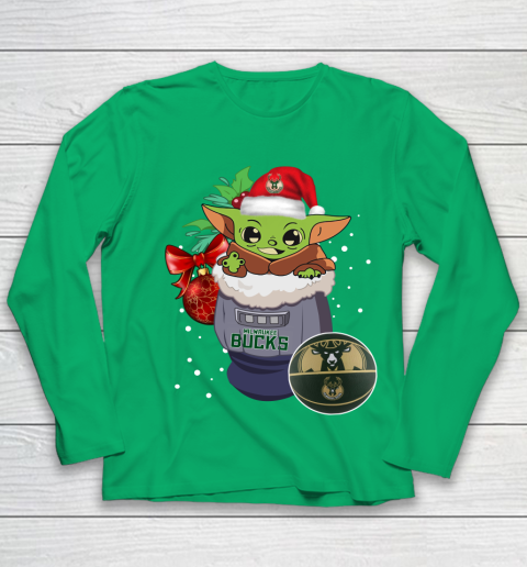 Milwaukee Bucks Christmas Baby Yoda Star Wars Funny Happy NBA Youth Long Sleeve 6