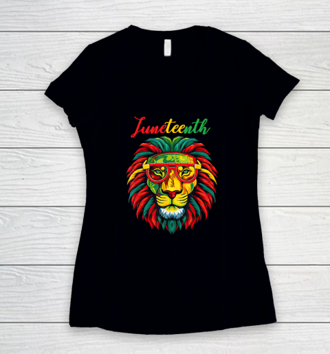 Lion Juneteenth Shirts Black History Freedom Women's V-Neck T-Shirt
