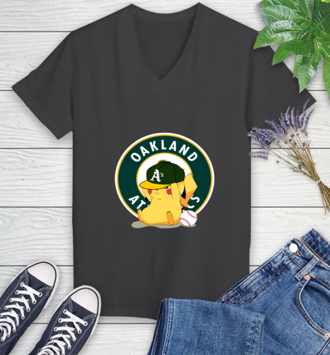 MLB Pikachu Baseball Sports Oakland Athletics Women's V-Neck T-Shirt 8