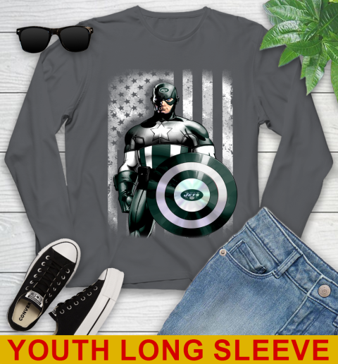 New York Jets NFL Football Captain America Marvel Avengers American Flag Shirt Youth Long Sleeve 9