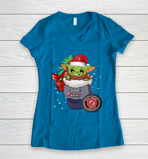 New Jersey Devils Christmas Baby Yoda Star Wars Funny Happy NHL Women's V-Neck T-Shirt 7