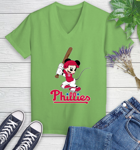 MLB Baseball Philadelphia Phillies Cheerful Mickey Mouse Shirt Women's V-Neck T-Shirt 9