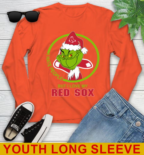 Boston Red Sox MLB Christmas Grinch I Hate People But I Love My Favorite Baseball Team Youth Long Sleeve 4