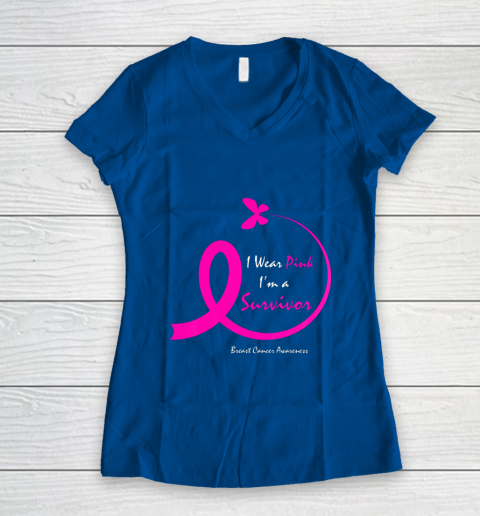 Womens Butterfly I Wear Pink I m A Survivor Breast Cancer Awareness Women's V-Neck T-Shirt 7