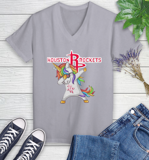 Houston Rockets NBA Basketball Funny Unicorn Dabbing Sports Women's V-Neck T-Shirt 4