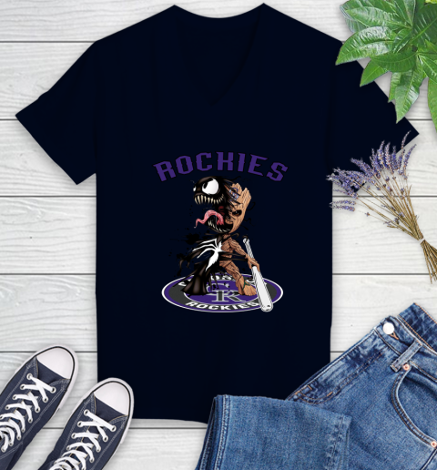 MLB Colorado Rockies Baseball Venom Groot Guardians Of The Galaxy Women's V-Neck T-Shirt 3