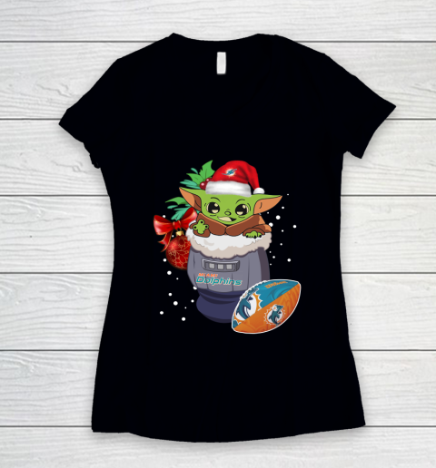 Miami Dolphins Christmas Baby Yoda Star Wars Funny Happy NFL Women's V-Neck T-Shirt