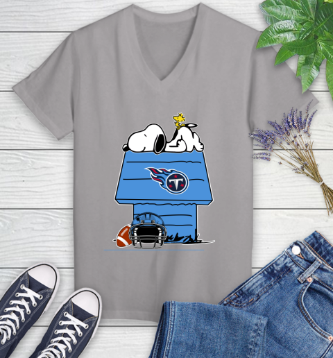 Tennessee Titans NFL Football Snoopy Woodstock The Peanuts Movie Women's V-Neck T-Shirt 4