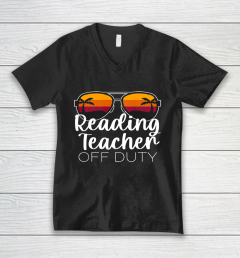 Reading Teacher Off Duty Sunglasses Beach Sunset V-Neck T-Shirt