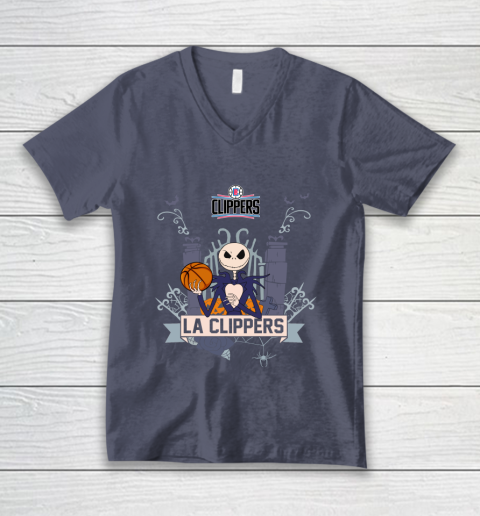 NBA LA Clippers Basketball Jack Skellington Halloween V-Neck T-Shirt 7