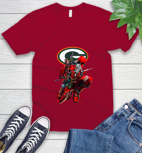 NFL Deadpool Marvel Comics Sports Football Green Bay Packers V-Neck T-Shirt 8