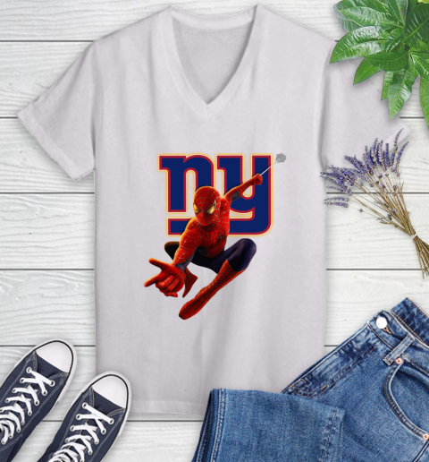 NFL Spider Man Avengers Endgame Football New York Giants Women's V-Neck T-Shirt