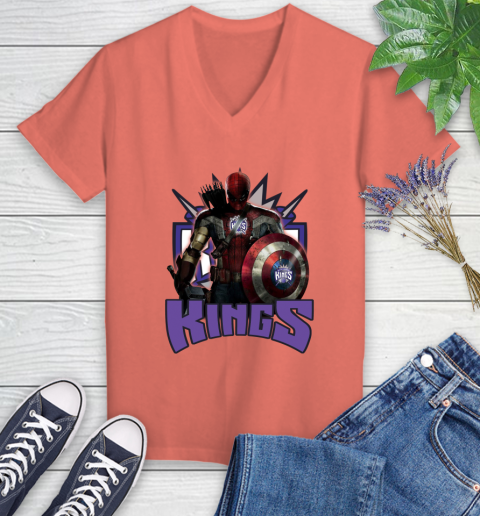 Sacramento Kings NBA Basketball Captain America Thor Spider Man Hawkeye Avengers Women's V-Neck T-Shirt 6