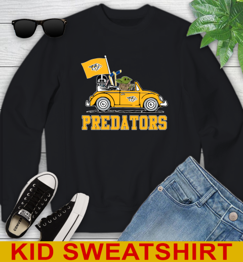 NHL Hockey Nashville Predators Darth Vader Baby Yoda Driving Star Wars Shirt Youth Sweatshirt 2