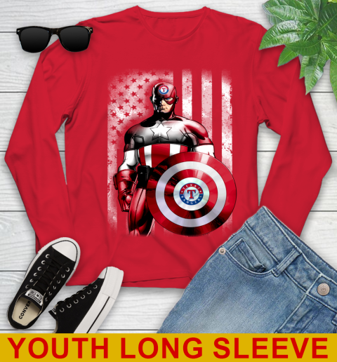 Texas Rangers MLB Baseball Captain America Marvel Avengers American Flag Shirt Youth Long Sleeve 11