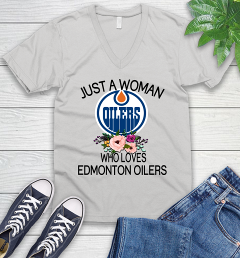 NHL Just A Woman Who Loves Edmonton Oilers Hockey Sports V-Neck T-Shirt