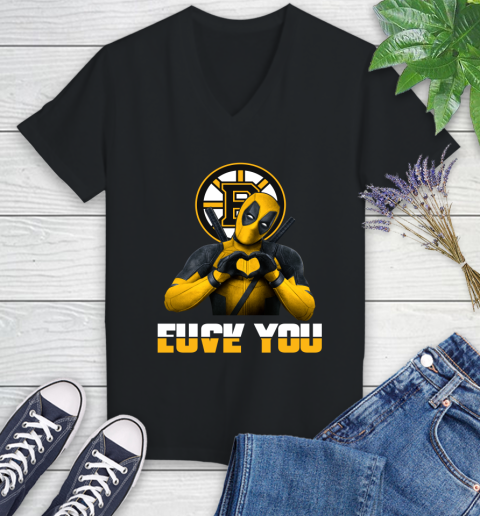 NHL Boston Bruins Deadpool Love You Fuck You Hockey Sports Women's V-Neck T-Shirt