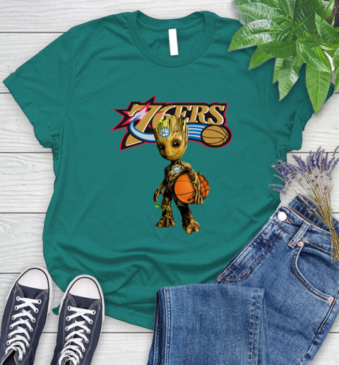 Philadelphia 76ers NBA Basketball Groot Marvel Guardians Of The Galaxy Women's T-Shirt 12
