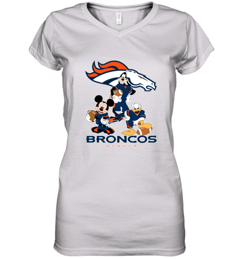 Mickey Donald Goofy The Three Denver Broncos Football Women's V-Neck T-Shirt