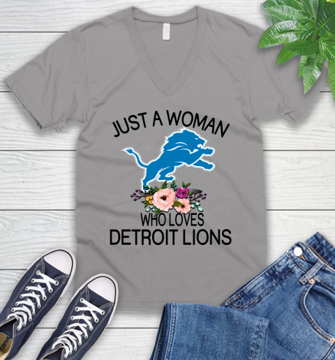 NFL Just A Woman Who Loves Detroit Lions Football Sports V-Neck T-Shirt 2
