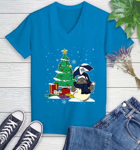 New York Yankees MLB Baseball Cute Tonari No Totoro Christmas Sports Women's V-Neck T-Shirt 7