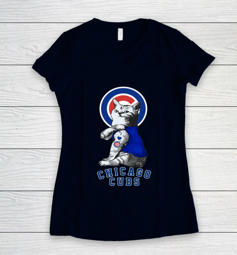 MLB Baseball My Cat Loves Chicago Cubs Women's V-Neck T-Shirt 2
