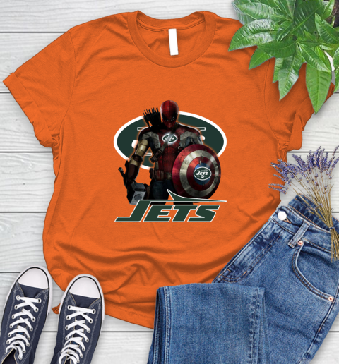 NFL Captain America Thor Spider Man Hawkeye Avengers Endgame Football New York Jets Women's T-Shirt 4